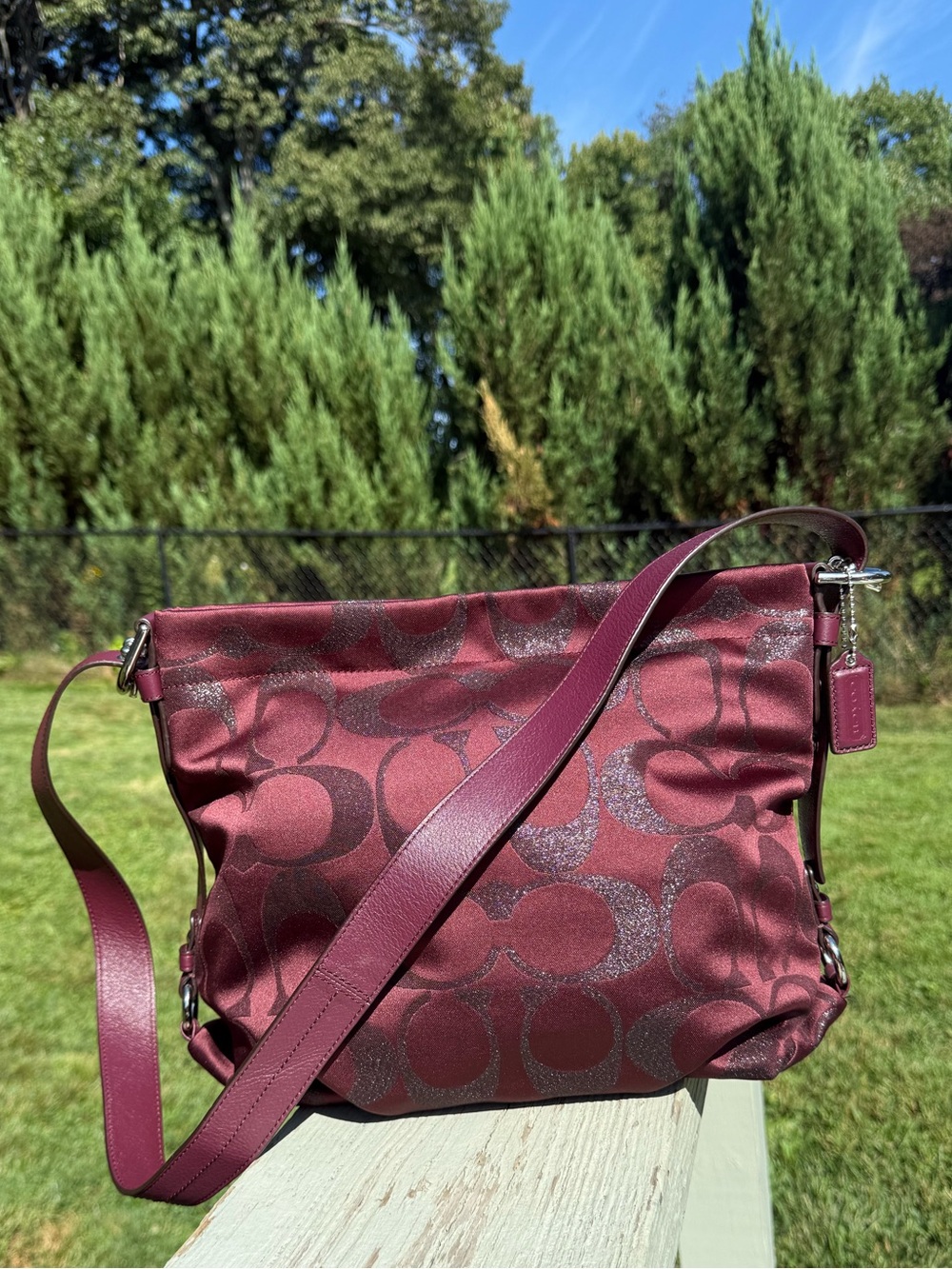 Coach Campbell Signature Metallic Shoulder Bag in Bordeaux